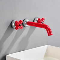 Robinet de lavabo mural moderne rouge à 3 trous en laiton avec double poignée, cartouche céramique et design encastré pour salle de bain