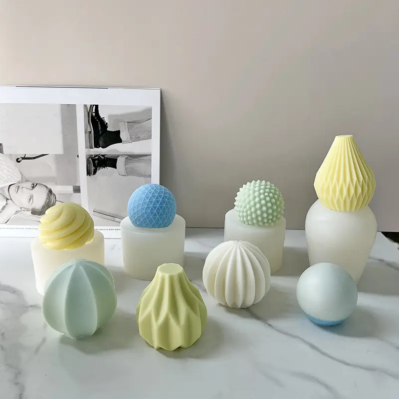 INTODIY 3D Round Sphere Pear Geometric Texture Striped Candle Form Silicone Molds DIY Decorative Resin Supplies for Art Craft