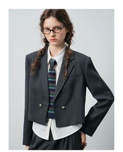 Vega Chang Donkere Grijze Pak Voor Dames Set Cropped Blazer Met Dubbele Rij Knopen En Wijde Pijpen Oversized Casual Chic Look - Product Image 2