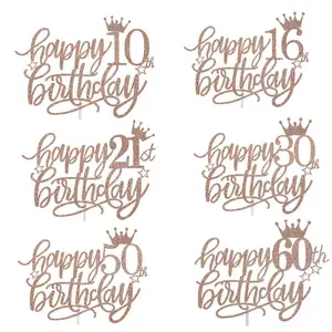 Glitter Rose Gold Paper Alphabet Happy Birthday 16th 18th 21st 30th Cake Topper with Crown Accessory Gateau Hot sale