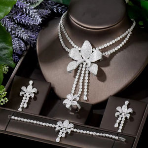HIBRIDE elegante <span class=keywords><strong>2</strong></span> capas gran flor larga collar y pendientes conjunto Dubai Nigeria CZ cristal boda joyería conjunto para mujer - Product Image 1
