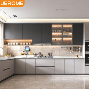 Cuisine modulaire de luxe moderne en bois gris bicolore, sans poignées, avec présentoir en verre et marbre, livraison gratuite en 48 heures - Product Image 1