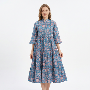 Women's Floral Print Cotton Midi Dress O-Neck <b>Three</b> Quarter Sleeve A-Line Modern Natural Waist Eco-Friendly Casual Daily Wear - Product Image 1