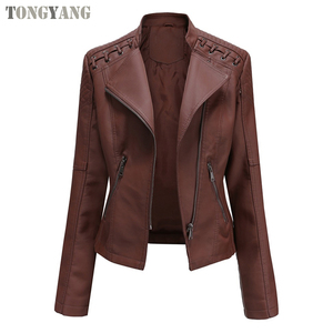 TONGYANG Casual PU Leather Jacket Women Classic Zipper Short Motorcycle Jackets Lady Autumn Soft Synthetic Leather Basic Coat