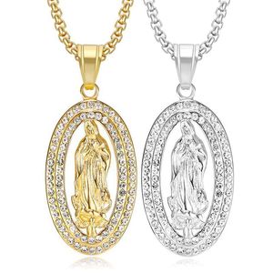 European American Hip Hop Pendant Necklace <b>Titanium</b> Steel Gold Plated Crystal Rhinestone Oval Religious Charm Unisex Everyday - Product Image 1