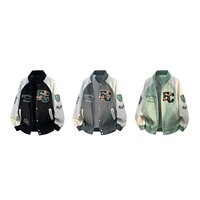 Blouson universitaire vintage uni en gros, vert et blanc, avec patch brodé, style streetwear décontracté, vestes de baseball