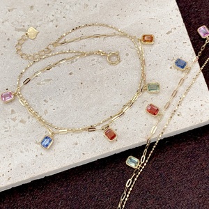 Pulsera Xinfly de Oro Sólido de 18K con Zafiro Arcoíris, Corte Esmeralda, Piedras Preciosas Multicolor, Cadena de Clip de Doble Capa, Joyería Fina - Product Image 2