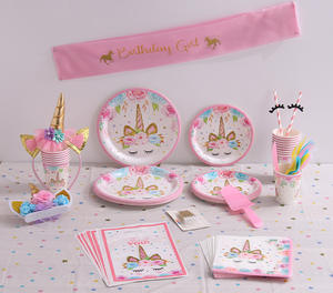 Bannière en Latex rose joyeux anniversaire, ensemble de décorations de fête à thème <span class=keywords><strong>licorne</strong></span> jetables pour filles et enfants en papier - Product Image 5
