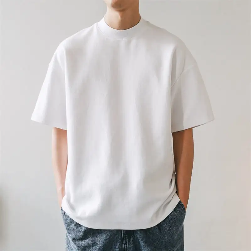 T-Shirt bianca pesante da uomo Streetwear personalizzata Boxy Fit T-Shirt Oversize con colletto spesso