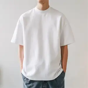 T-Shirt bianca pesante da uomo Streetwear personalizzata Boxy Fit T-Shirt Oversize con colletto spesso