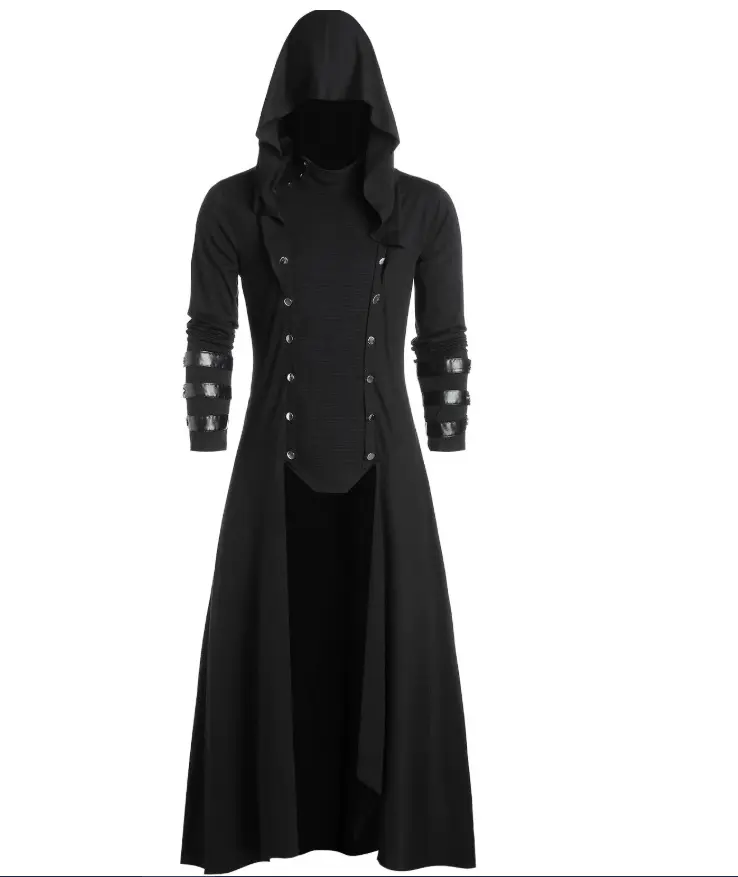 Мужское пальто Длинная Куртка Готическая плащ с капюшоном в стиле стимпанк Тренч средневековый вампир/волшебник косплей костюм на Хэллоуин для взрослых женщин и мужчин