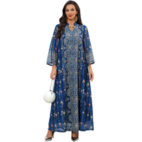 Robe longue musulmane pour adultes, style vintage, imprimé floral, en polyester respirant, en mousseline de soie, col montant, manches longues, kaftan maxi