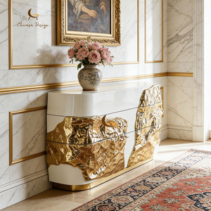 Customizable French Luxury Style White & <b>Gold</b> Artistic Living Room Cabinet Irregular Gilded Texture <b>Console</b> <b>Table</b> - Product Image 3