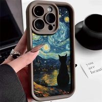 Coques de téléphone antichoc motif chat et étoiles style peinture à l'huile pour iPhone 17 Air 16 15 Plus Pro Max 14 13 12 11 X – Protection arrière anti-chute