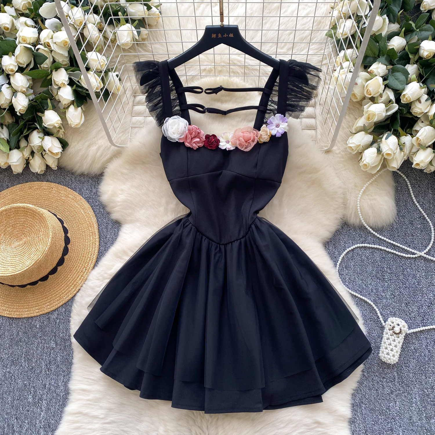 Romantic Halter Mini Dress with 3D Floral Patchwork & Ruffles