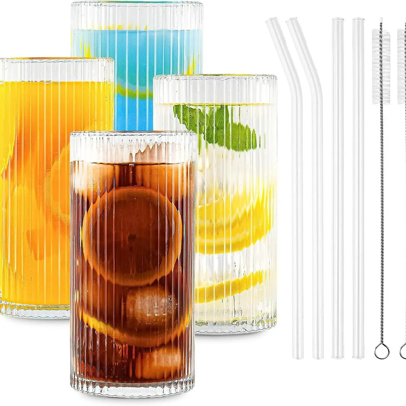 TS 12oz Vertical Stripes Heat Resistant Glass Water Mug with Straw Breakfast Cup Whiskey Drinking Glass Juice Cup