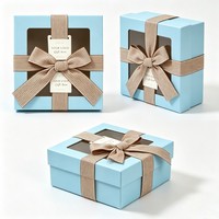 Boîte en papier personnalisée pour cadeaux et artisanat, boîte carrée bleue avec fenêtre en PVC et nœud en ruban, boîte écologique en deux parties