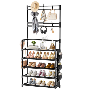 <span class=keywords><strong>Porte</strong></span>-<span class=keywords><strong>manteau</strong></span> pliable et peu encombrant, autoportant, avec étagère à chaussures à 4 niveaux, organisateur de vêtements, crochets de rangement et poche latérale pour entrée - Product Image 1