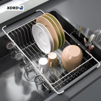 Égouttoir à vaisselle double niveau en acier inoxydable 304 avec porte-gobelets et porte-ustensiles, support de cuisine multifonctionnel et réglable