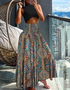 Women Maxi <b>Skirt</b> High Waist Wide <b>Elastic</b> Waist A-Line Retro Printed <b>Skirt</b> Summer Loose Fit Long <b>Skirt</b> - Product Image 5
