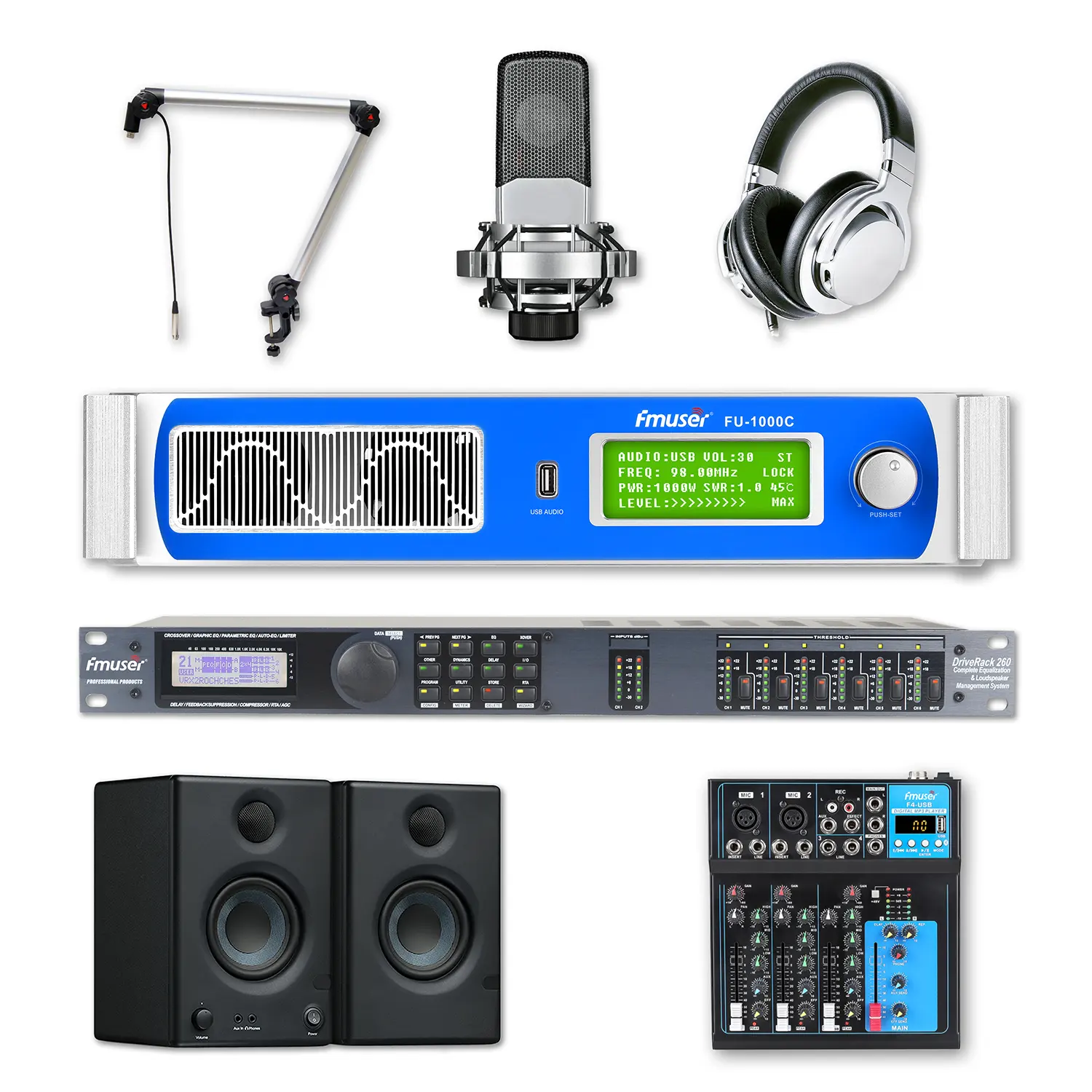 Fmuser BS-2M Fm Broadcast Zender + Dipool Fm Antenne + Rf Kabel Mixer Microfoon Audio Processor Voor Radio Station Pakketten