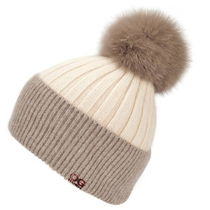 Bonnet en cachemire en gros avec pompon en vraie <span class=keywords><strong>fourrure</strong></span>, bonnet d'hiver tricoté long, bonnet ample à revers, bonnet chaud pour le ski - Product Image 1