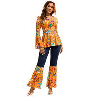 Costume de disco vintage des années 70 pour femmes Costume imprimé Hippie Cosplay des années 80 avec bandeau pour Halloween Party & TV & Movie Costumes