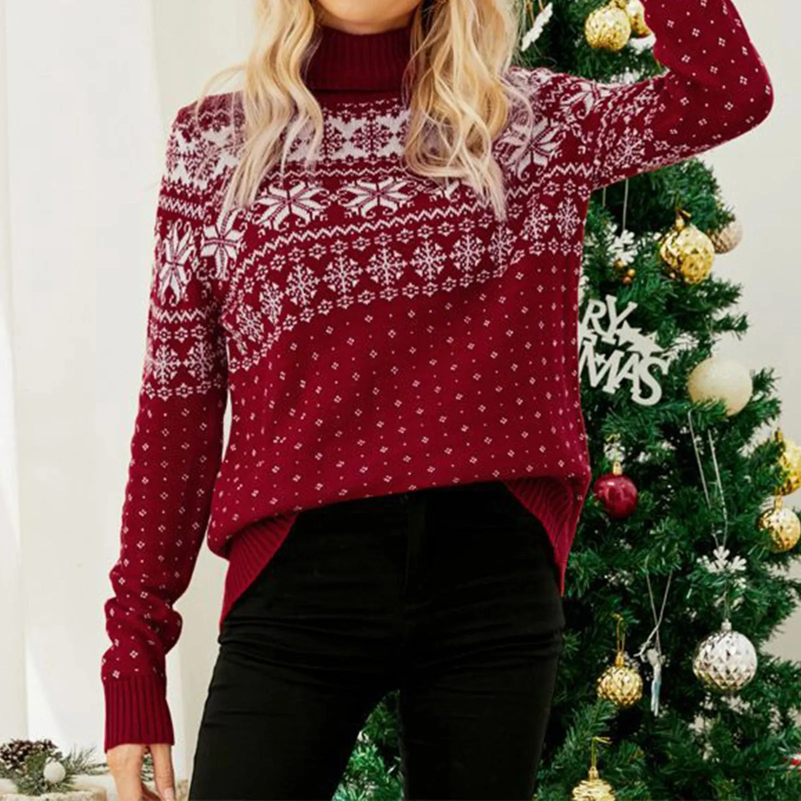 महिलाओं के लिए शीतकालीन मजेर स्वेटर फैशन स्नोफ्लेक पैटर्न क्रॉकेट पल्लोवर लंबी आस्तीन आधा उच्च कॉलर बुना हुआ क्रिसमस स्वेटर