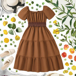 <b>Summer</b> Casual <b>Teen</b> Girls Breathable Solid Knee-Length Fashion Square-neck Bubble Short-sleeved Fitted A-line Waistline <b>Dress</b> - Product Image 3