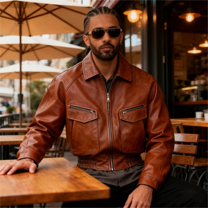 Chaqueta Bomber de Cuero Vacuno Auténtico para Hombre, Estilo Urbano de Alta Calidad, con Cuello Camisero, Bordado de Letras, Estilo Vintage, Cierre Grueso - Product Image 1