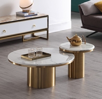 Vente en gros de tables basses rondes modernes, ensemble de 2 tables basses de salon de luxe en acier inoxydable doré avec dessus en marbre avec table d'appoint