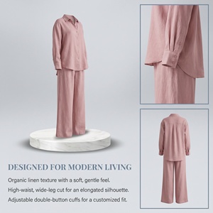 Set da donna di <span class=keywords><strong>lino</strong></span> estivo di fascia alta <span class=keywords><strong>pantaloni</strong></span> <span class=keywords><strong>larghi</strong></span> <span class=keywords><strong>larghi</strong></span> e Slim a gamba larga <span class=keywords><strong>in</strong></span> due pezzi Casual Set per la primavera/estate - Product Image 2