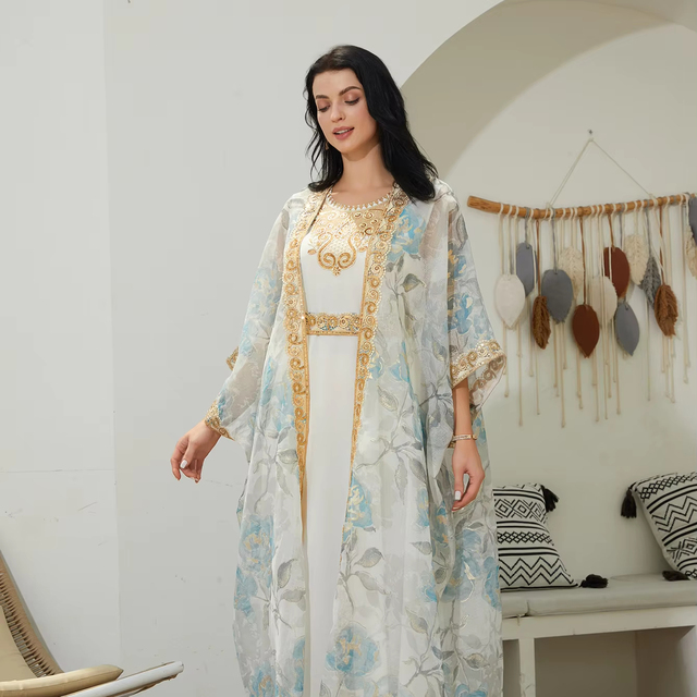 W-104 Eid Party Dress for Women Elegant XXL Ramadan Abayas Robe Caftan Vestidos Largos 2 Piece Set Jalabiya Inner Elegant XXL