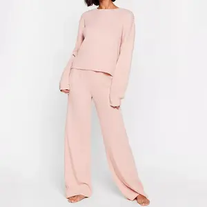 OEM Sweater Lounge Set Women's Knitted Casual Pajamas Sweater Ribbed Knit Set Knitted Sweater And Pants Women