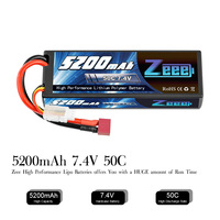 بطارية ليثيوم بوليمر Zeee 7.4 فولت 2S 50C 5200 مللي أمبير في الساعة مع غلاف صلب وموصل على طراز دين للسيارات والشاحنات التي تعمل بالتحكم عن بعد 1/8 1/10