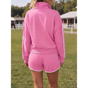 Conjunto de chándal personalizado para mujer con chaqueta con cremallera, pantalones cortos, bloques de color, rayas, cuello alto y manga larga. - Product Image 5