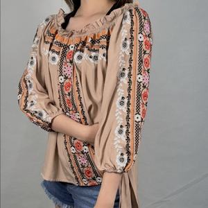 Chemisier décontracté pour femme, style chinois brodé, col large, manches longues, épaules dénudées, coupe ample classique - Product Image 2