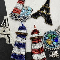 Patch en tissu fait main en soie indienne, orné de perles, motif Tour Eiffel de Paris, phare et globe, pour vêtements, chapeaux et sacs