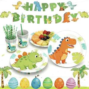 Juego de Vajilla de Papel para Fiesta de Cumpleaños Infantil con Temática de <span class=keywords><strong>Dinosaurios</strong></span> Lanweier Deluxe, Juego Completo con Todos <span class=keywords><strong>los</strong></span> Accesorios, Personalizable para Campamentos y Bodas - Product Image 1