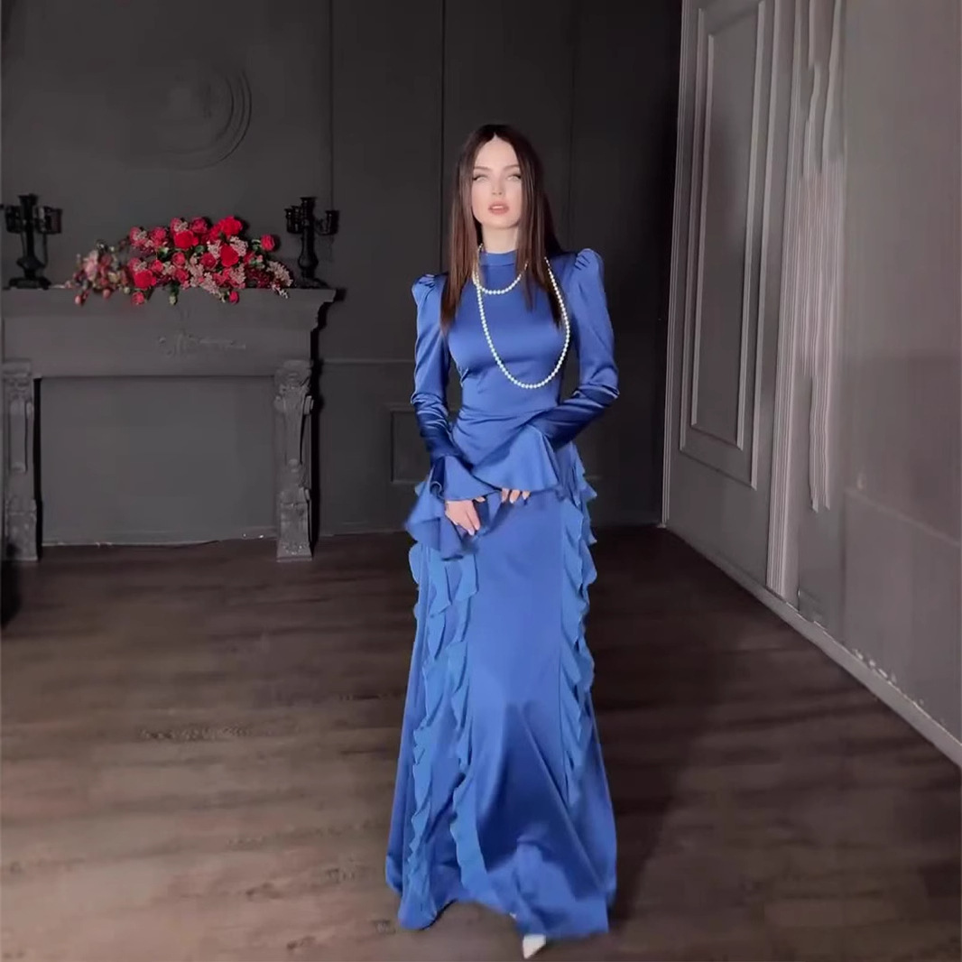 american apparel chiffon dress European Spring Maxi Satin Patchwork Half Turtleneck Petal Sleeve Pencil Silhouette Quick Dry Lace A-Line Wedding Dress Womens/Dresses/Bodycon Chiffon skirt length skirt with functional Color:Bosphorus