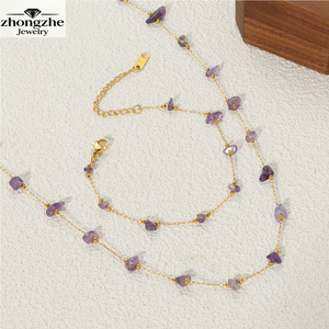 Set Collana e Bracciale con Pietre Irregolari <span class=keywords><strong>Viola</strong></span> Zhongzhe, Placcato Oro 18K in Acciaio Inossidabile Impermeabile, Regalo di Nozze - Product Image 1