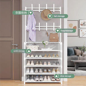 Étagère de <span class=keywords><strong>rangement</strong></span> sur pied <span class=keywords><strong>à</strong></span> 5 niveaux pour entrée, chambre, placard, manteaux, vêtements, sacs, avec porte-chaussures et crochets - Product Image 6