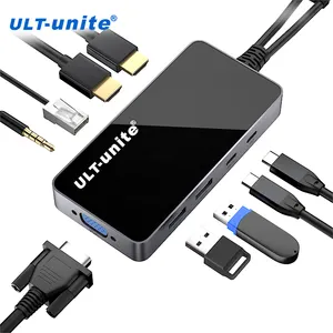 Universal Hub 9 in 2 USB C dengan Ethernet 8K 4K HDMI VGA 3.5mm Audio PD 100W USB 3.0 Tipe A dan Tipe C port Data 9port
