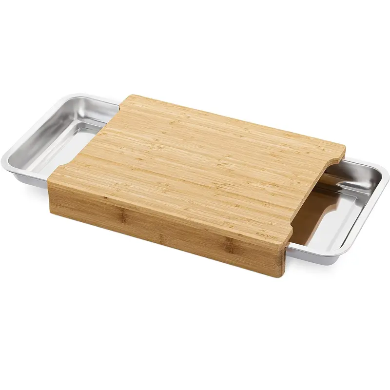 Bambu kesme tahtası ile 2 paslanmaz çelik sürgülü çekmece Pan tepsi konteynerler ahşap kesme tahtası tepsiler ile çekin