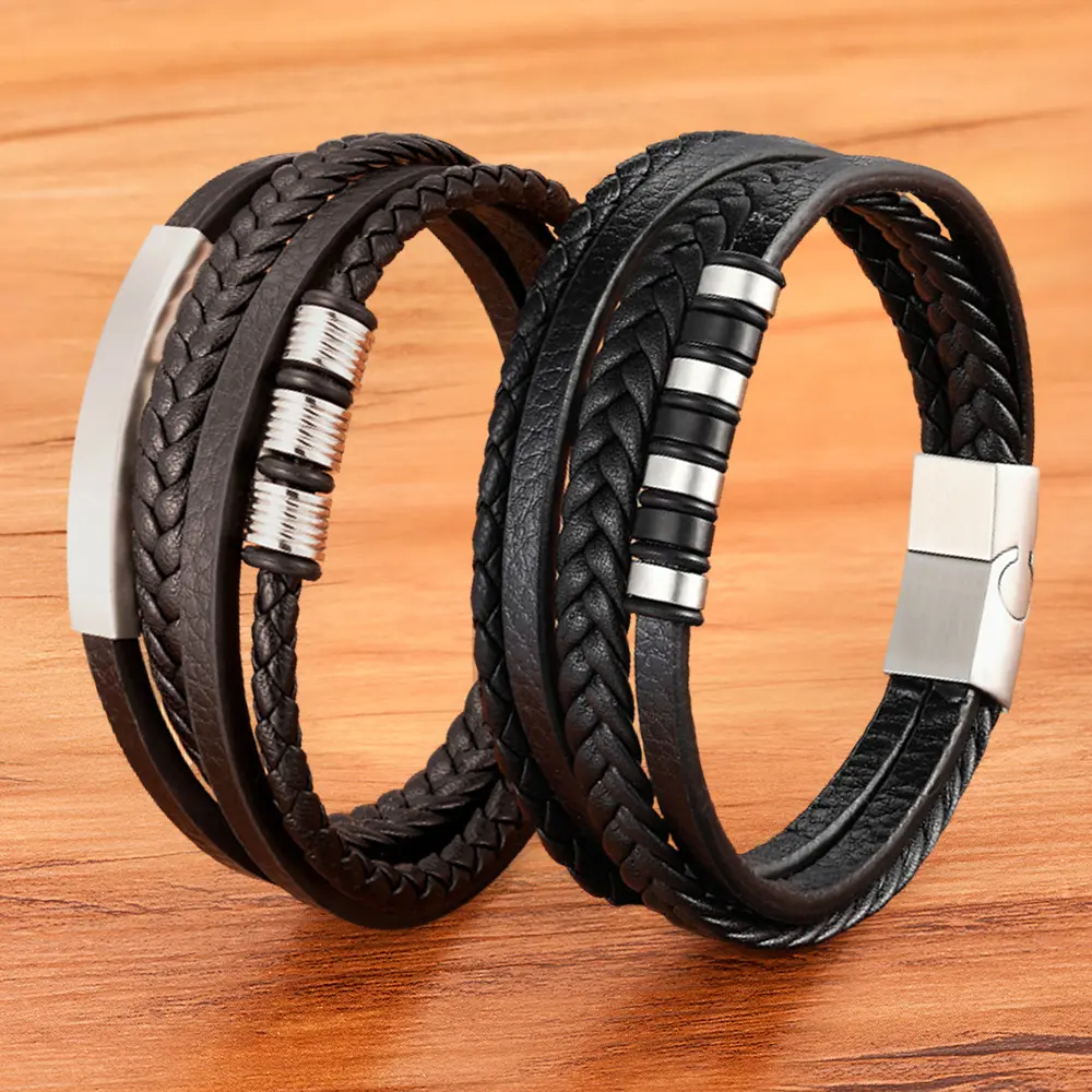 Multilayer Braided Leather Bracelets Stainless Steel Rock Handmade Mens Leather Bracelets with Magnetic Clasp