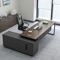 Bureau de direction moderne minimaliste en forme de L avec finition grain de bois, structure métallique et armoire latérale mobile - Mobilier de bureau commercial
