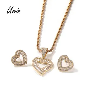 Hollow Heart Shape Earrings Small Pendant Charms CZ Necklace Heart Jewelry Set Women Gift Bling Bling Jewelry
