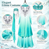 Costume de danse folklorique ethnique moderne professionnel, robe de scène bleu-vert dégradé avec broderie et ensemble de manches transparentes