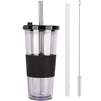 Gobelet en plastique à double paroi OEM de 700 ml (24 oz) réutilisable pour thé au lait Boba avec paille et couvercle