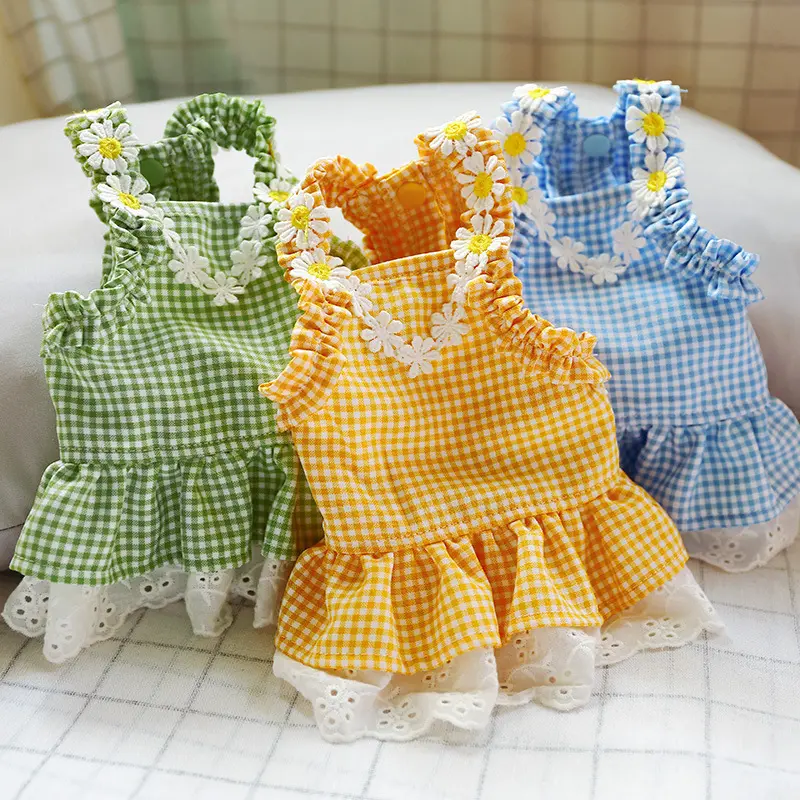 Factory Directly Supply Dog Cat New Summer Apparel Flower Mini Orange Blue Green Plaid Lace Skirt For Small Pets
